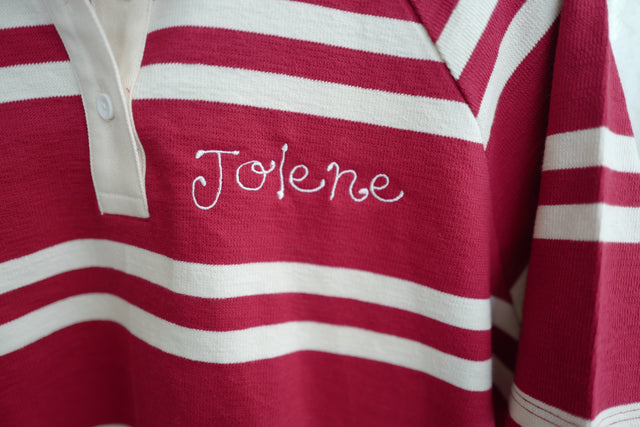 Red and cream striped Jolene shirt with embroidered lettering, from Lyric Collective.
