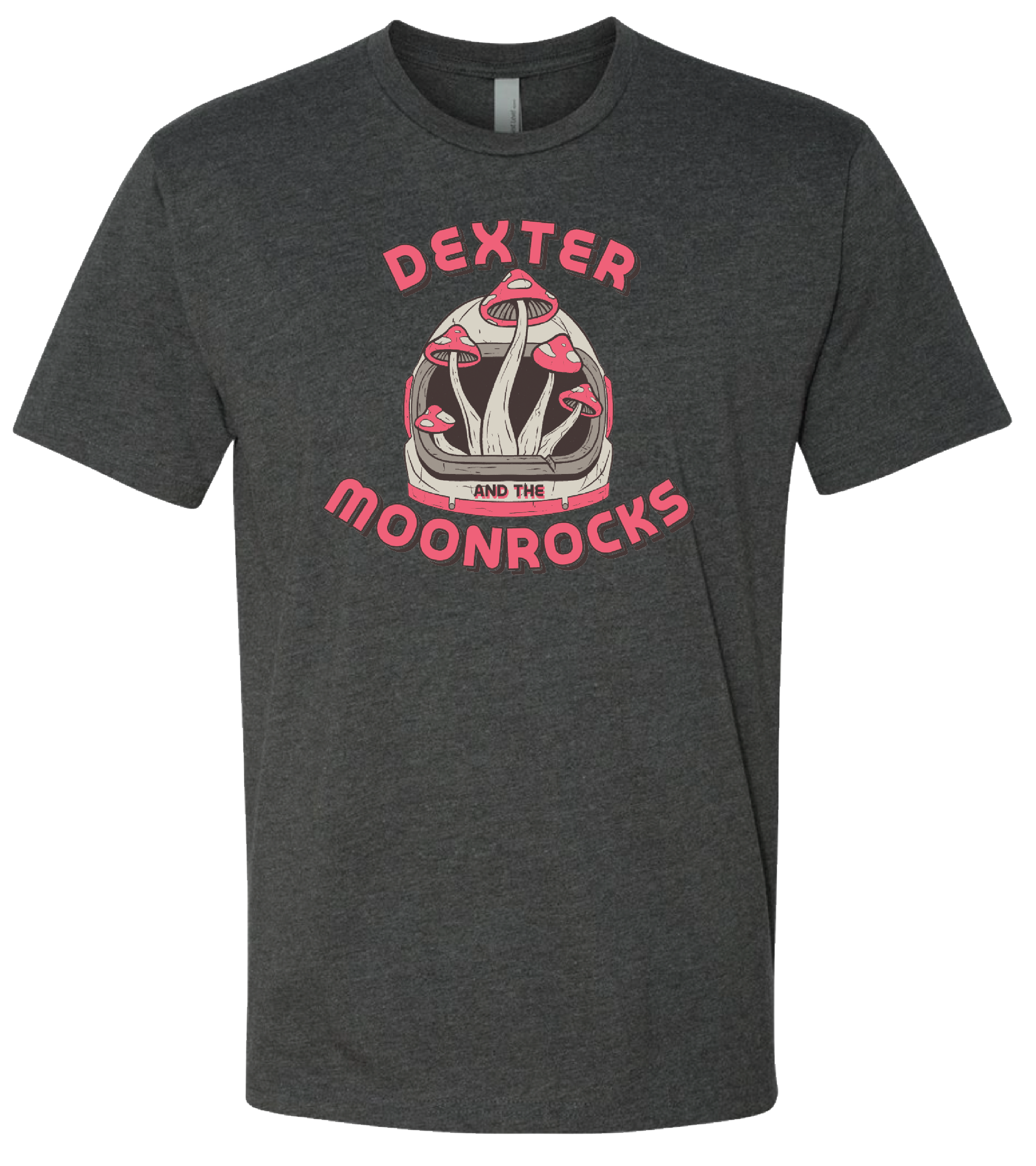 Official charcoal Dexter and the Moonrocks Mushroom Helmet T-shirt, with pink band lettering and an astronaut helmet filled with mushrooms.
