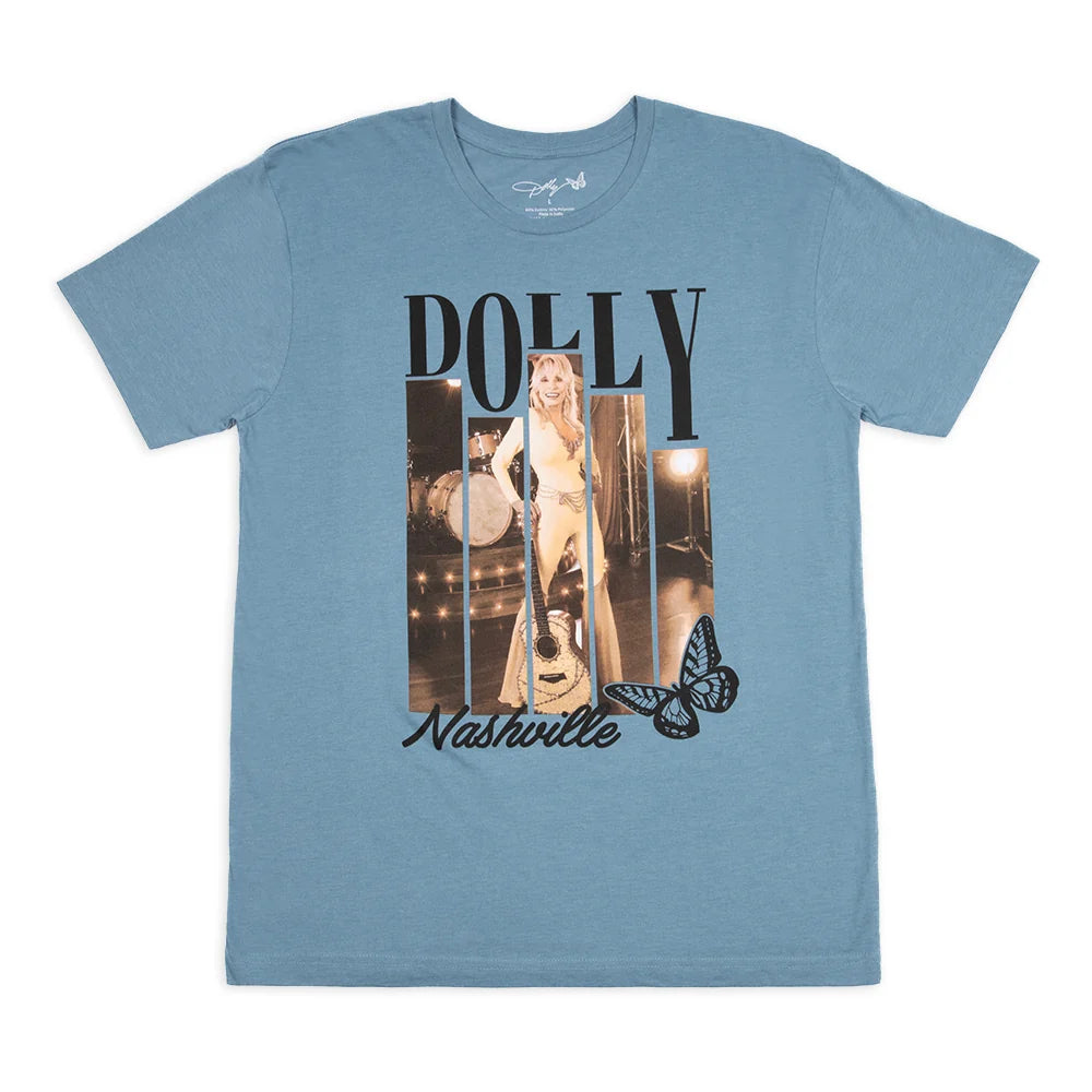 Official blue Dolly Parton Yellow Poster T-shirt, with Dolly lettering, a performance portrait, Nashville script and butterfly.