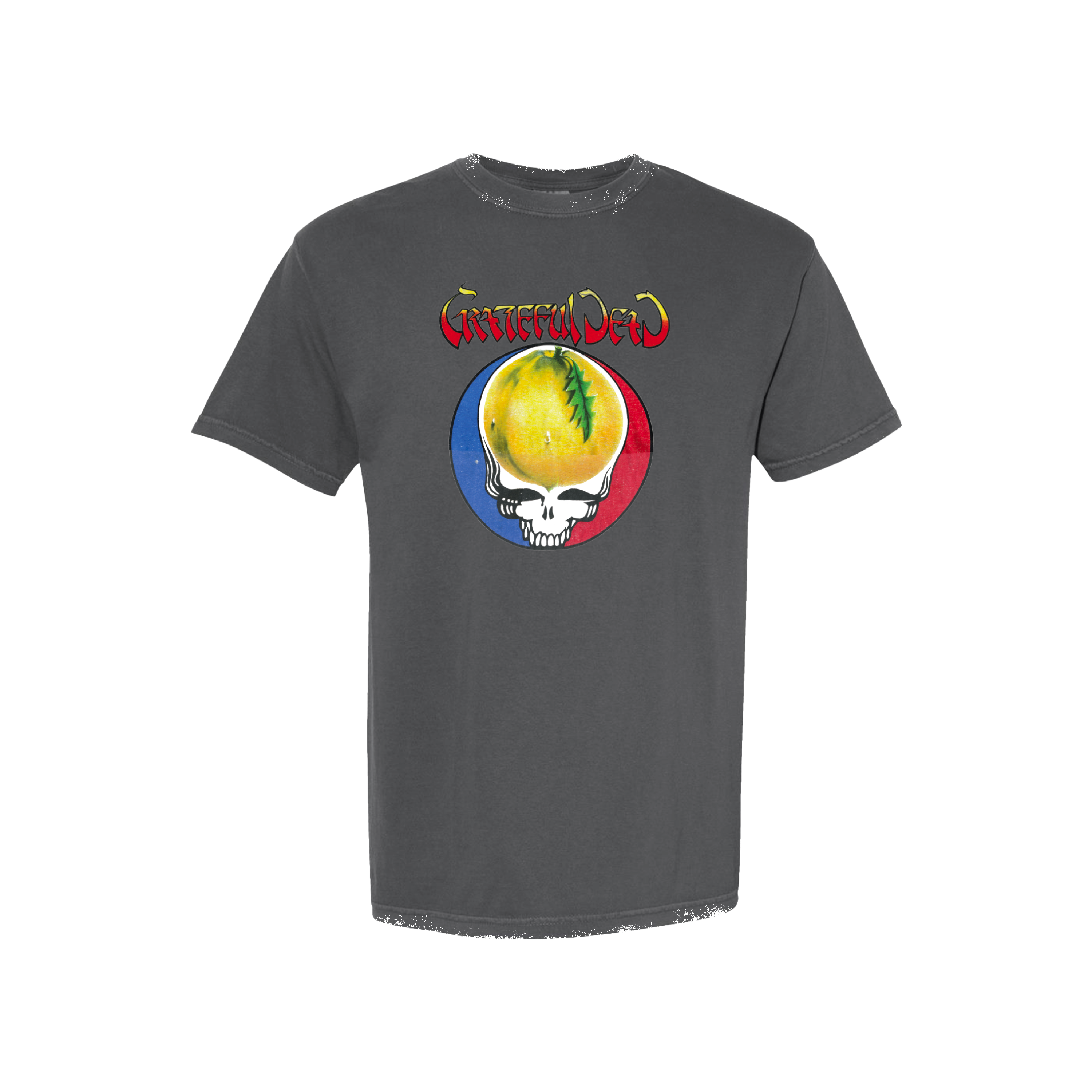 Official gray Grateful Dead Yellow Pomelo Stealie T-shirt, with the band name and colorful skull artwork.