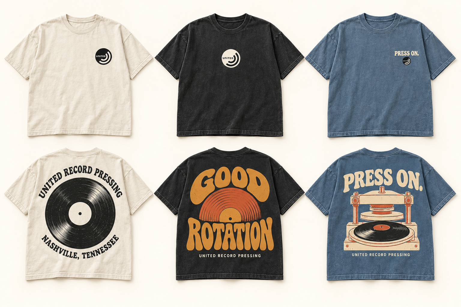 Three original URP graphic tee concepts, front and back